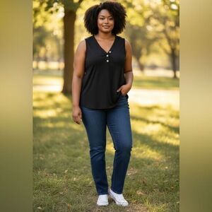 EUC P.S. Love Plus Size Black Ribbed Sleeveless Top Tank Button Detail - Size 3X